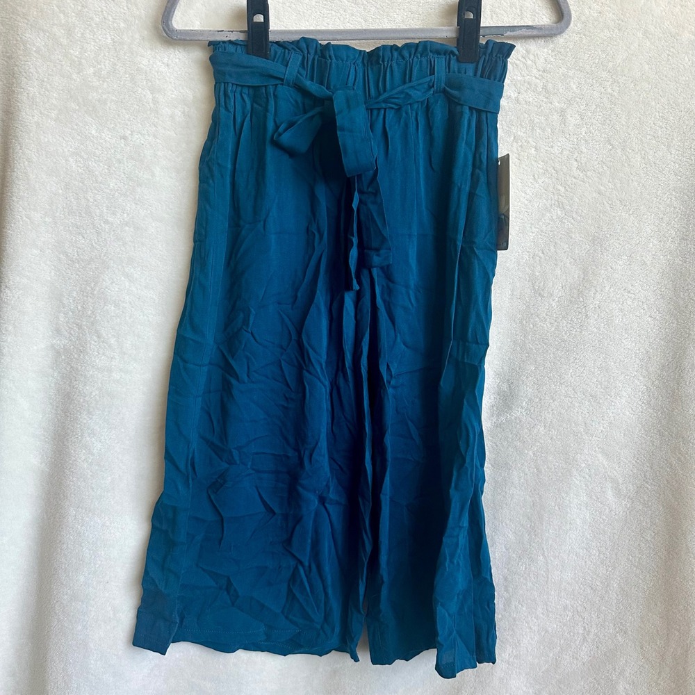 Lily Star NWT Womens Teal 100% Rayon Paperbag Wide Leg Crop Pants S Made‎ in USA